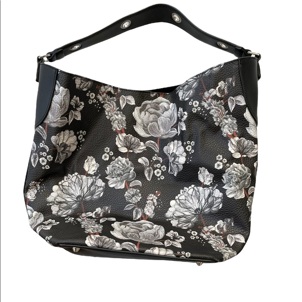 Fiorelli Black Floral Hobo Tote Purse Non-Animal Faux Leather Vegan-Friendly